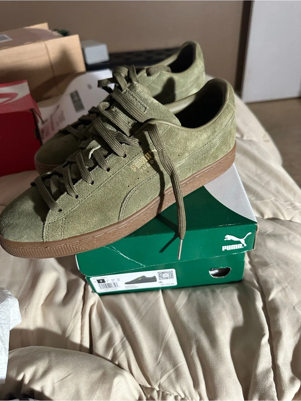 Puma Men’s Olive Green Suede Sneakers with Gum Sole